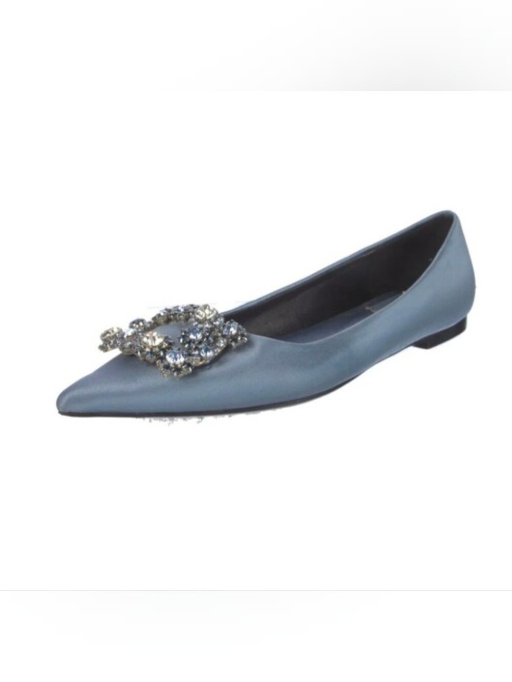 Roger Vivier Slate Blue Satin Pointed Jewel Buckle Flats
